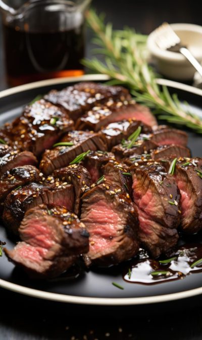 Cooked wagyu steak sliced and topped with flavorful balsamic glaze